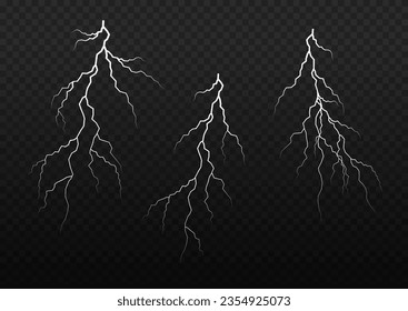 The effect of lightning and lighting, set of zippers. Thunder storm and lightnings. Realistic stormy clouds with lightning effects isolated on transparent background. Light effect. Vector illustration
