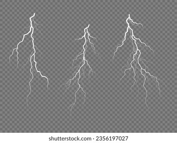 The effect of lightning and lighting, set of zippers. Thunder storm and lightnings. Realistic stormy clouds with lightning effects isolated on transparent background. Light effect. Vector illustration