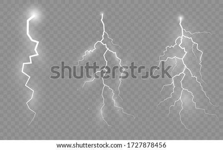 The effect of lightning and lighting, set of zippers, thunderstorm and lightning, symbol of natural strength or magic, light and shine, abstract, electricity and explosion, vector illustration, eps 10