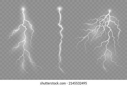 The effect of lightning and lighting, symbol of natural strength or magic, light and shine, abstract, set of zippers, thunderstorm and lightning, electricity and explosion, vector illustration, eps 10