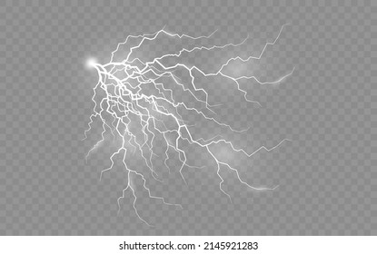 The effect of lightning and lighting, symbol of natural strength or magic, light and shine, abstract, set of zippers, thunderstorm and lightning, electricity and explosion, vector illustration, eps 10