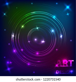 The effect of the magical shine of glowing neon rings on a dark background. Music design. Vector illustration.