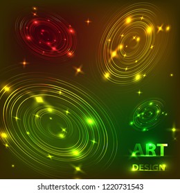 The effect of the magical shine of glowing neon rings on a dark background. Music design. Vector illustration.
