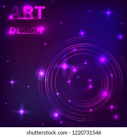 The effect of the magical shine of glowing neon rings on a dark background. Music design. Vector illustration.