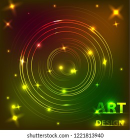 The effect of the magical shine of glowing neon rings on a dark background. Music design. Vector illustration.