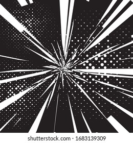 Effect motion lines for comic book and manga. Speed lines with effect explosion on halftone rays background. Text banner. Comics pop-art style template for your design