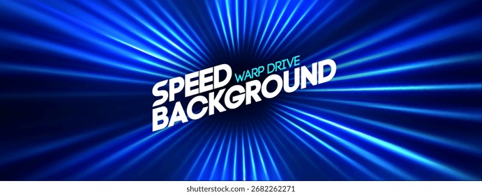 Effect neon perspective motion speed with background light and fast radial line. Blue action in city or stadium. Dynamic trail for race or digital burst design.