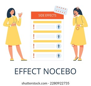 Effect nocebo, person experiencing side effects - flat vector illustration isolated on white background. Woman taking pill with negative effects on her health. List with side effects of medication.