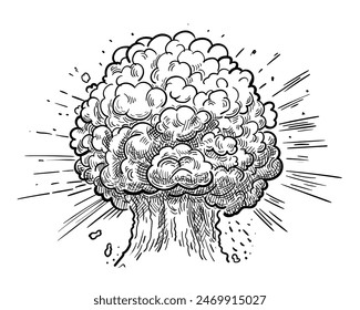 El efecto de una explosión nuclear. Explosión de Smoke, explosión nuclear, explosión de bomba y penacho de humo aislado sobre fondo blanco