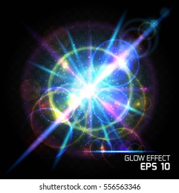 Effect of particle, bright lighting effects, magic ball. Glow Dust Sparks luxury design bright background, glow bright glare lighting effect on clear dark background.