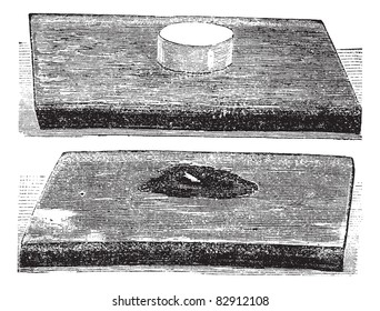 The effect produced by explosion of gun-cotton, vintage engraving. Old engraved illustration of the effect produced by explosion of gun-cotton. Trousset encyclopedia (1886 - 1891).