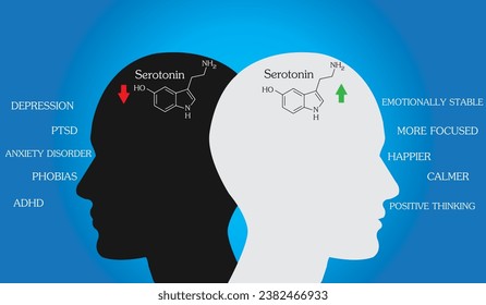 Auswirkung von Serotonin auf Normalniveau und niedrigen Spiegel auf Emotionen und Körper. 