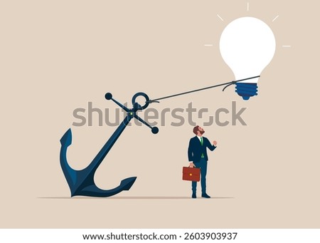 Effect is shown. Light bulb trying hard to fly away with anchor. Solution to solve business problem or creativity thinking. Flat vector illustration