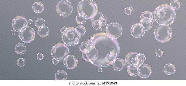 Effect of soap bubbles in flight against a transparent background is presented in a realistic manner.