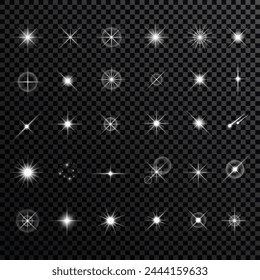 Effect sparkling stars, flickering and flashing lights. collection of different light effects on black background. transparent lens flares and lighting effects. vector design.