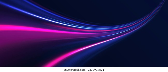 The effect of speed on a blue background. Motion light effect for banners. Image of speed motion on the road. Purple glowing neon wave swirl, impulse cable lines. Long time exposure vector.