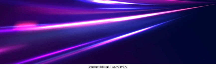 The effect of speed on a blue background. Motion light effect for banners. Image of speed motion on the road. Purple glowing neon wave swirl, impulse cable lines. Long time exposure vector.