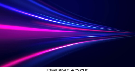 The effect of speed on a blue background. Motion light effect for banners. Image of speed motion on the road. Purple glowing neon wave swirl, impulse cable lines. Long time exposure vector.