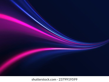 El efecto de la velocidad sobre un fondo azul. Efecto de luz de movimiento para los carteles. Imagen de movimiento rápido en la carretera. Giro de onda de neón morado brillante, líneas de cable de impulso. Vector de exposición a largo plazo.