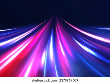 The effect of speed on a blue background. Motion light effect for banners. Image of speed motion on the road. Purple glowing neon wave swirl, impulse cable lines. Long time exposure vector.