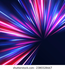 The effect of speed on a blue background. Motion light effect for banners. Image of speed motion on the road. Purple glowing neon wave swirl, impulse cable lines. Long time exposure vector.