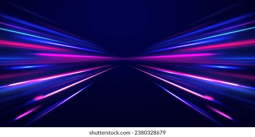 El efecto de la velocidad sobre un fondo azul. Efecto de luz de movimiento para los carteles. Imagen de movimiento rápido en la carretera. Giro de onda de neón morado brillante, líneas de cable de impulso. Vector de exposición a largo plazo.