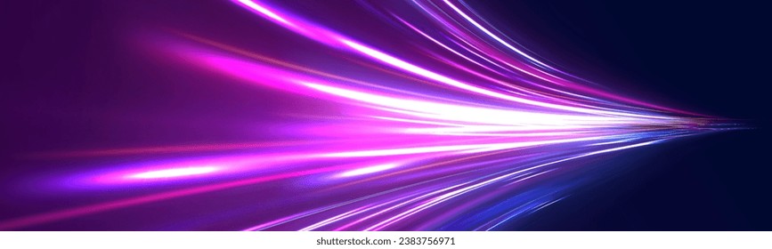 The effect of speed on a blue background. Motion light effect for banners. Image of speed motion on the road. Purple glowing neon wave swirl, impulse cable lines. Long time exposure vector.