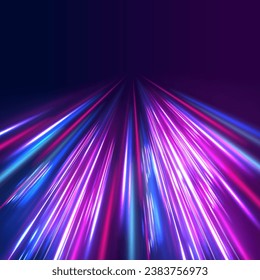 El efecto de la velocidad sobre un fondo azul. Efecto de luz de movimiento para los carteles. Imagen de movimiento rápido en la carretera. Giro de onda de neón morado brillante, líneas de cable de impulso. Vector de exposición a largo plazo.