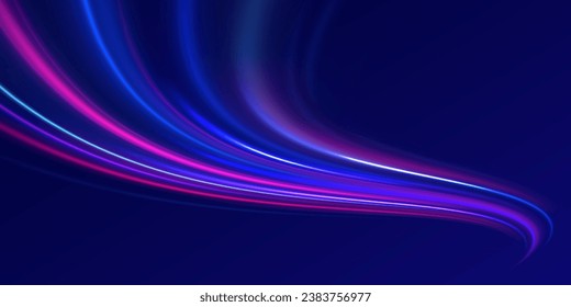 The effect of speed on a blue background. Motion light effect for banners. Image of speed motion on the road. Purple glowing neon wave swirl, impulse cable lines. Long time exposure vector.