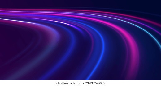 El efecto de la velocidad sobre un fondo azul. Efecto de luz de movimiento para los carteles. Imagen de movimiento rápido en la carretera. Giro de onda de neón morado brillante, líneas de cable de impulso. Vector de exposición a largo plazo.