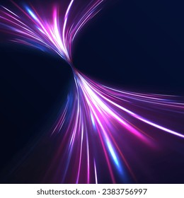 The effect of speed on a blue background. Motion light effect for banners. Image of speed motion on the road. Purple glowing neon wave swirl, impulse cable lines. Long time exposure vector.