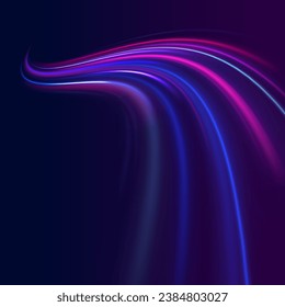 El efecto de la velocidad sobre un fondo azul. Efecto de luz de movimiento para los carteles. Imagen de movimiento rápido en la carretera. Giro de onda de neón morado brillante, líneas de cable de impulso. Vector de exposición a largo plazo.