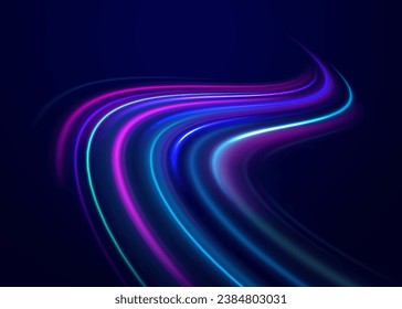 The effect of speed on a blue background. Motion light effect for banners. Image of speed motion on the road. Purple glowing neon wave swirl, impulse cable lines. Long time exposure vector.