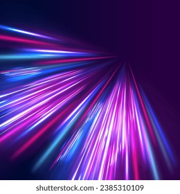 The effect of speed on a blue background. Motion light effect for banners. Image of speed motion on the road. Purple glowing neon wave swirl, impulse cable lines. Long time exposure vector.