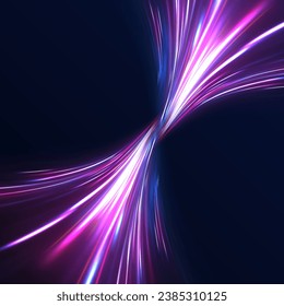 The effect of speed on a blue background. Motion light effect for banners. Image of speed motion on the road. Purple glowing neon wave swirl, impulse cable lines. Long time exposure vector.