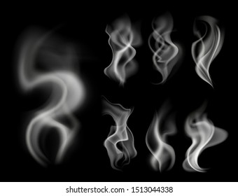 Effect steam on black. White fog and graphic smoke with blowing cloud on dark background isolated vector stream magic hot coffee or cigarette illustration