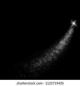 Effect of white glitter trail star. Sparkling confetti or shimmer shine wave trace. Overlay object on black background for New Year or Christmas template. EPS 10
