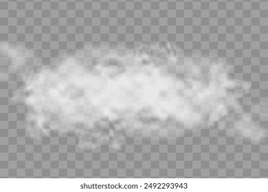 Effect of white smoke and fog, powder explosion. Steam texture illustration. White gradient decorative elements. Isolated on a transparent background.