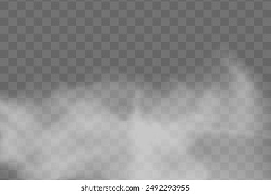 Effect of white smoke and fog, powder explosion. Steam texture illustration. White gradient decorative elements. Isolated on a transparent background.