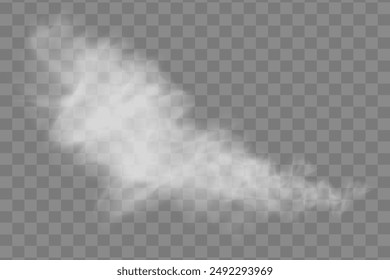 Effect of white smoke and fog, powder explosion. Steam texture illustration. White gradient decorative elements. Isolated on a transparent background.