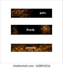 Effect yellow dust on beautiful banner. Dust particles flicker on a dark background. Banner with yellow dust. Light magic effect on vector illustration. 