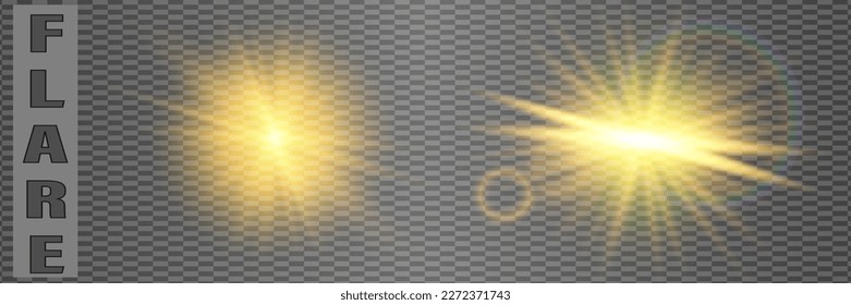 Der Effekt von gelbem und goldenem Licht explodiert auf transparentem Hintergrund. Glitzende magische Staubpartikel. Heller Stern. Transparente strahlende Sonne, heller Blitzlichtuntersatz