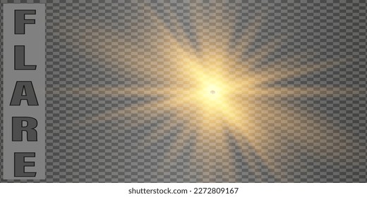 The effect of yellow and gold glowing light explodes on a transparent background. Glittering magical dust particles. Bright Star. Transparent shining sun, bright flash glare set