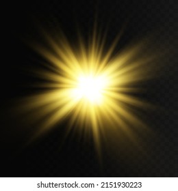 The effect of yellow warm light, sun rays, rays on a transparent background. Vector illustration.
