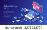 Effective advertising campaign. Promotion of goods and services using Outdoor Advertising, Internet ads, Direct marketing. Photo video ad in social networks, spam, billboard. Isometric landing page.