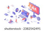 Effective advertising campaign. Promotion of goods and services using Outdoor Advertising, Internet ads, Direct marketing. Isometry illustration with people scene for web graphic.	

