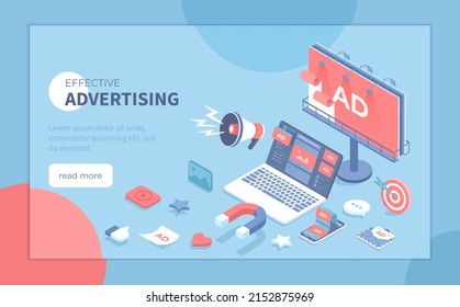 Effective advertising campaign. Promotion of goods and services using Outdoor Advertising, Internet ads, Direct marketing. Photo video ad in social networks, spam, billboard. Isometric vector