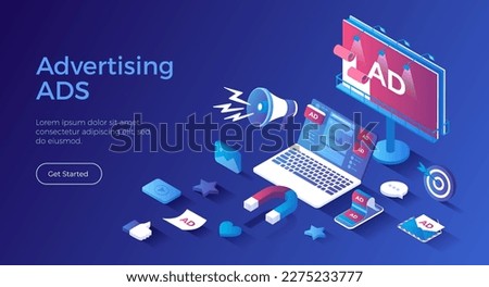 Effective advertising campaign. Promotion of goods and services using Outdoor Advertising, Internet ads, Direct marketing. Photo video ad in social networks, spam, billboard. Isometric landing page.