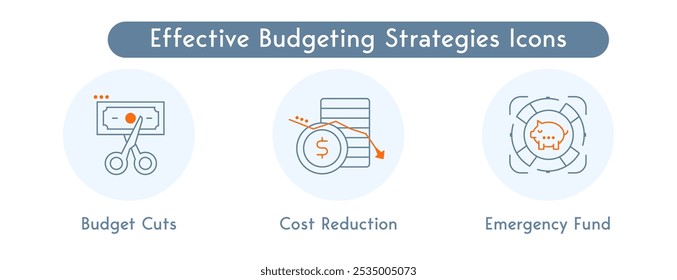 Ícones de estratégias orçamentárias eficazes: cortes de orçamento, redução de custos, fundo de emergência