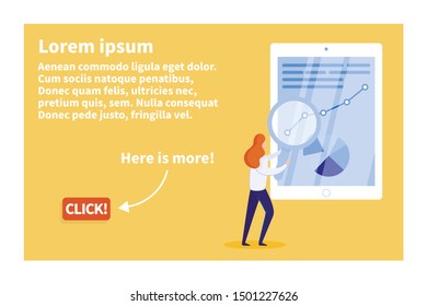 Effective Business Analysis Flat Landing Page, Cartoon Businesswoman Character with Huge Magnifying Glass Analyze Data on Big Digital Screen. Invitation Click for More information. Vector Illustration